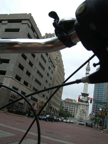 The downtown war memorial from beneath the Bianchi's handlebars.